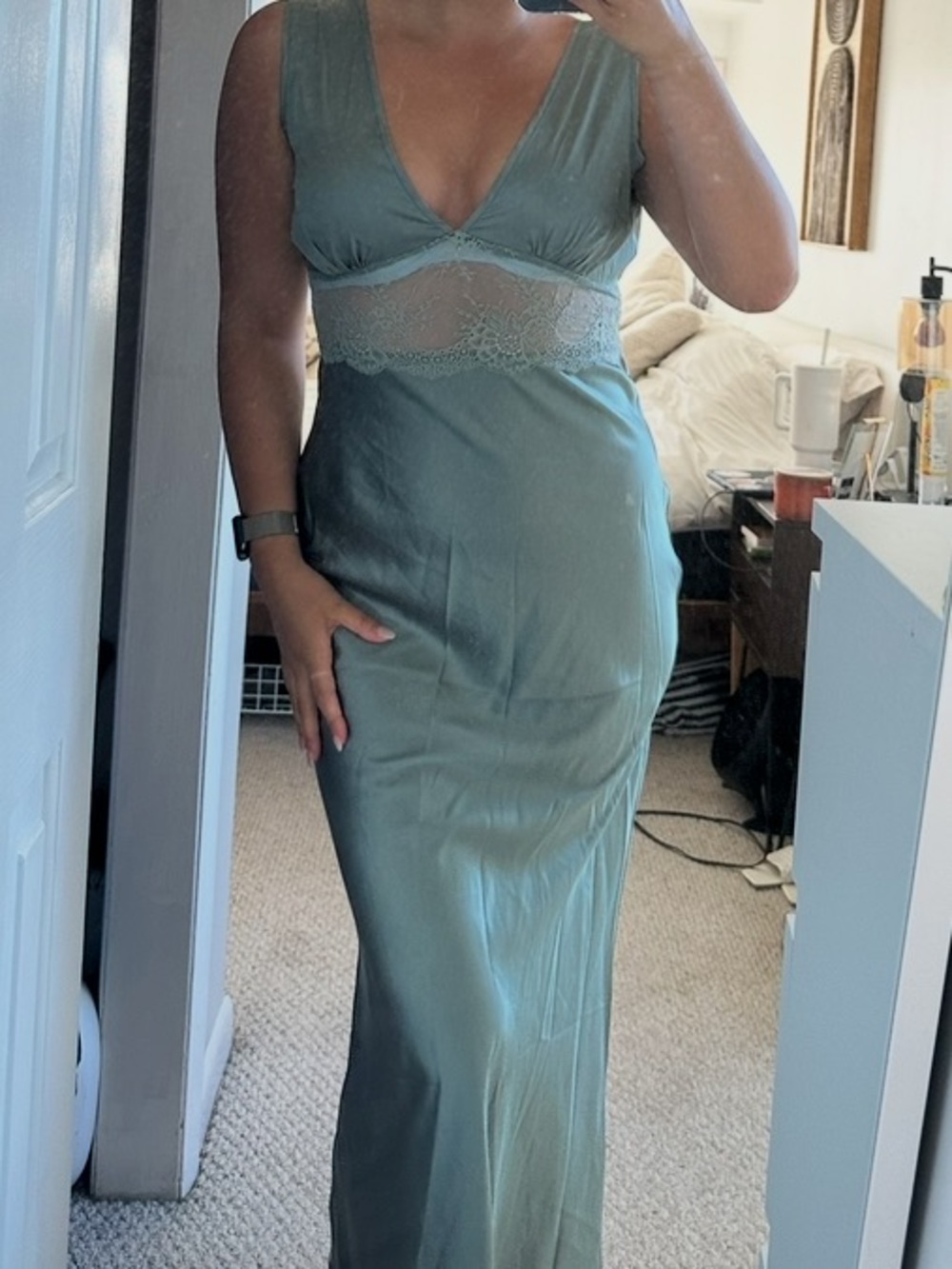 Satin Slip Dress with Lace Waist - Sage Green